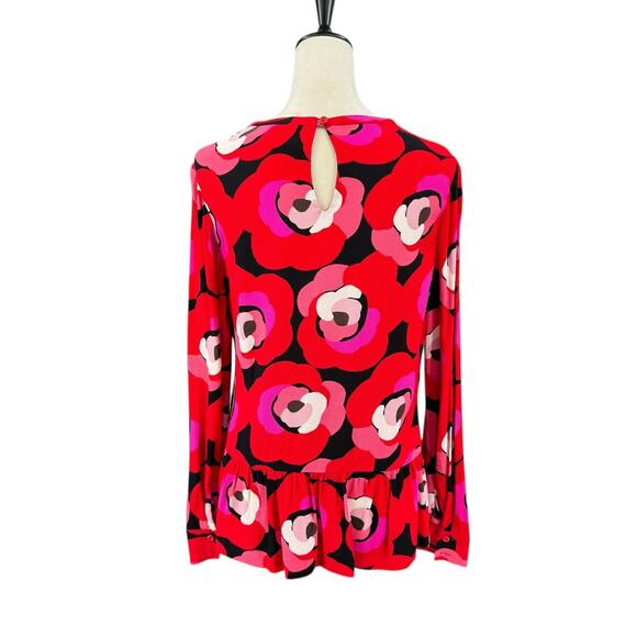 Kate Spade New York Deco Rose Orient Red Crepe Print Long Sleeve Peplum Blouse - Picture 6 of 15